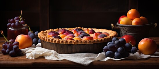 Obraz premium Pie with plums and apricots on old table with copy space image