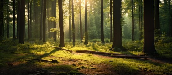 Obraz premium Beautiful forest landscape with sunlight filtering through the trees offering a serene and picturesque view with ample copy space image