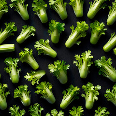 Green tiny celery stems on a dark background in a pattern, creating a striking visual contrast.