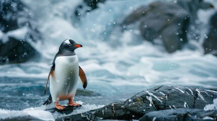 Solitary Penguin on Frosty Shore - Concept of Isolation and Resilience in Antarctica