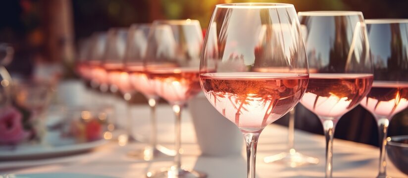 Rose wine glasses being enjoyed at a festive gathering with friends with a colorful copy space image