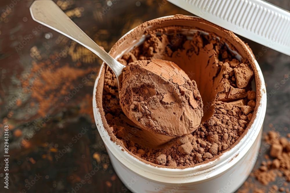 Wall mural Open white container with brown powder There is cocoa in the cup. And on top was a silver spoon filled with chocolate.