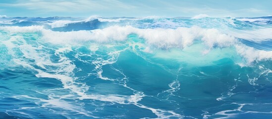Crashing waves of the blue ocean. Copy space image. Place for adding text and design