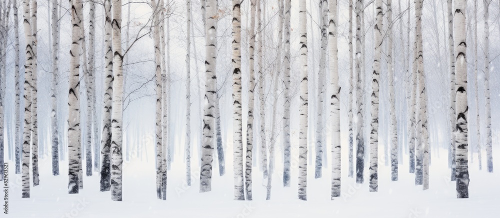 Poster close up of a birch forest with a wall of trunks creating a textural background for layout ideal as 
