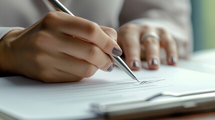 Close-Up of Woman Signing Car Insurance Document With Pen