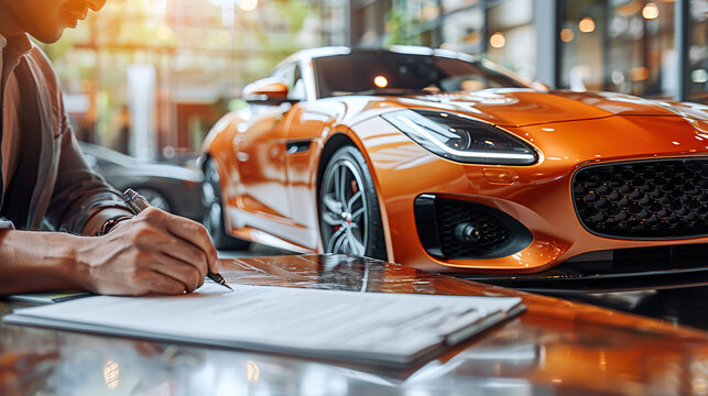 Signing Car Purchase Agreement in Showroom with Sports Car