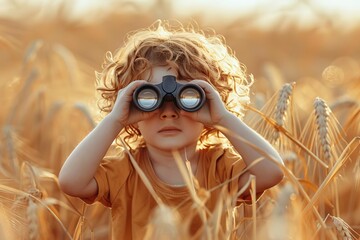 Curious child with binoculars exploring a golden wheat field under warm sunlight. Childhood adventure in nature. Curious exploration.