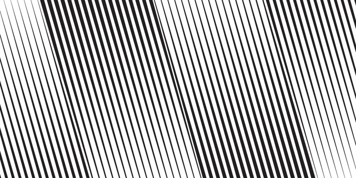 Black tapering diagonal lines on white background. Tilted parallel stripes print. Oblique straight strips with gradient or halftone effect. Slanted streaks wallpaper. Vector graphic illustration