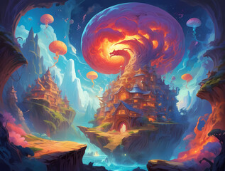 Dragon Tree Village - Fantastical Town Under a Nebula Sky. Generative AI