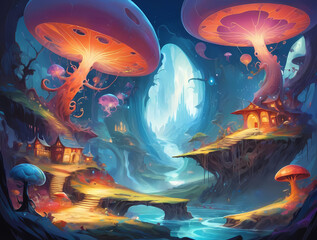 Mushroom Village - Enchanted Forest Dwellings by the River. Generative AI