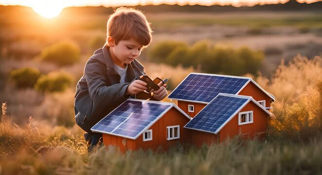 Child with a model of sustainable houses with solar panels.