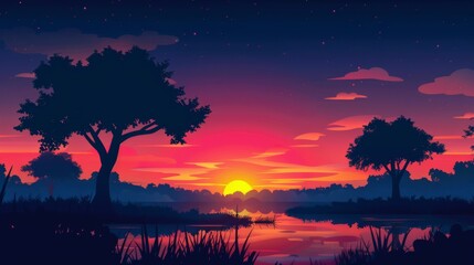 Naklejka premium Vibrant Sunset Over Calm Lake with Trees