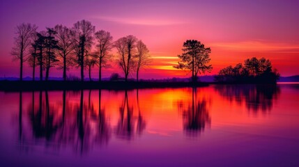 Naklejka premium Vibrant Sunrise Over Tranquil Lake with Trees