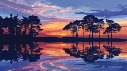 Vibrant Sunrise Over Tranquil Lake with Trees