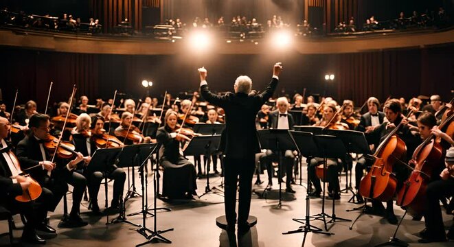 Orchestra conductor directing the musicians.
