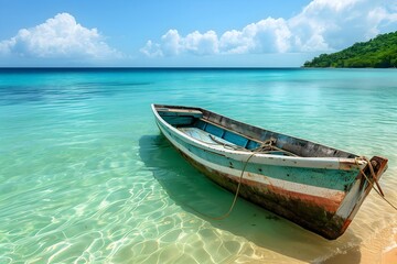 Fototapeta premium Old wooden boat on a tropical beach. Turquoise still water, blue sky and clouds.