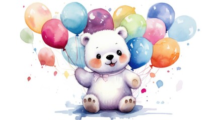 cute ice bear with birthday balloons watercolor design