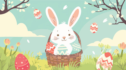 Cute bunny with eggs in basket Easter Day Celebration