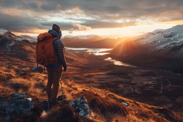 Fototapeta premium Hiker Admiring Golden Sunrise Over Mountain Valley