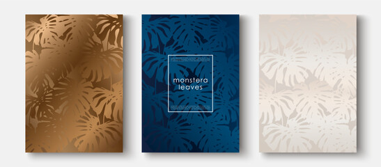 Elegant covers,  frame design set. Fashionable minimal abstract art pattern with monstera leaves. Luxury artistic vector for beauty catalog, fashion template, wedding