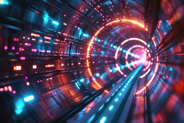 Obraz premium Futuristic Tunnel with Neon Lights and Digital Patterns