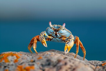 A small crab is on top of a rock in front of the ocean