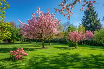 Cherry Blossom Trees in a Sunny Garden