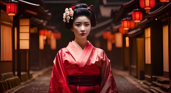 Japanese geisha woman in a Japanese village.