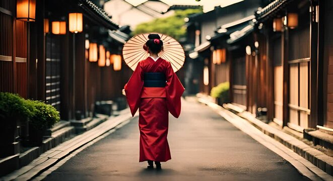 Japanese geisha woman in a Japanese village.