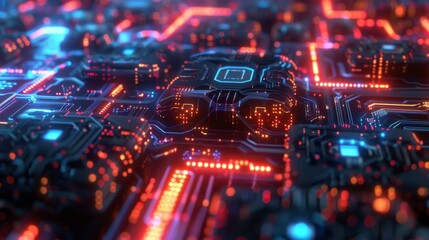 Obraz premium Glowing Circuit Board with Red and Blue Lights