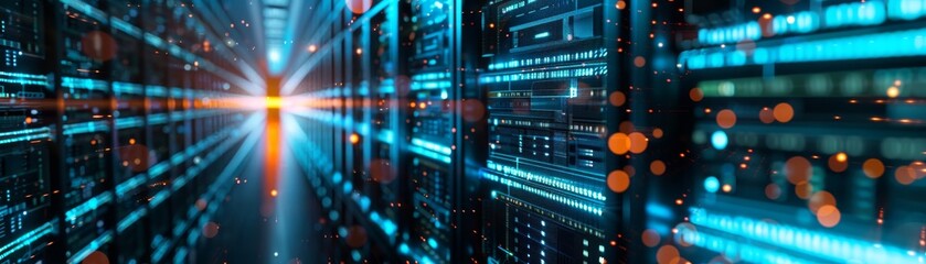 Naklejka premium A futuristic data center with glowing servers and digital lights showcasing advanced technology and data storage solutions.