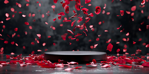Flying petals of roses with on black image background
