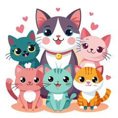 set of funny cartoon cats isolated on white