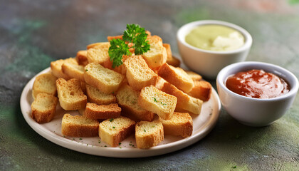 Fototapeta premium Homemade baked crispy croutons and sauce. Bruschetta crackers. Tasty bread snack. Delicious food.