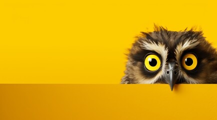 A surprised owl peeks out on a yellow background with space for text