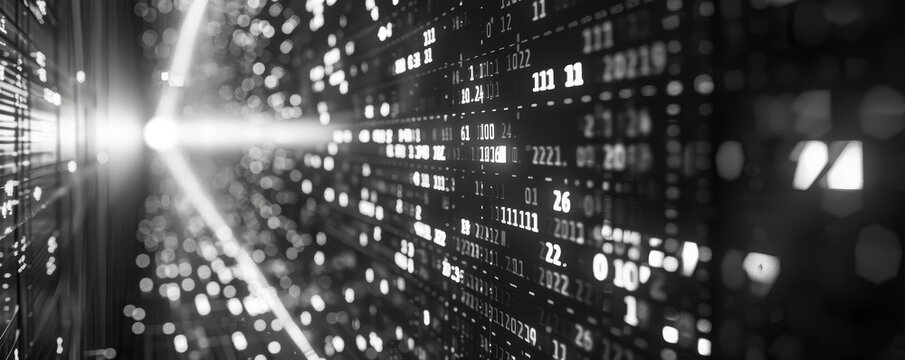 Abstract digital data streams with glowing binary code in black and white. Futuristic technology and information flow concept.