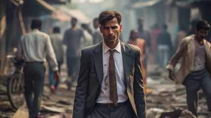 Fototapeta premium Rich male businessman walking down Indian busy street 