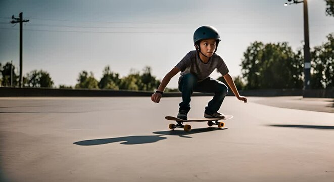 Child skater with protective helmet.