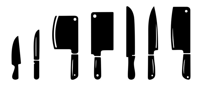 Kitchen knife silhouette black filled vector Illustration icon. Meat cutting knives set. 