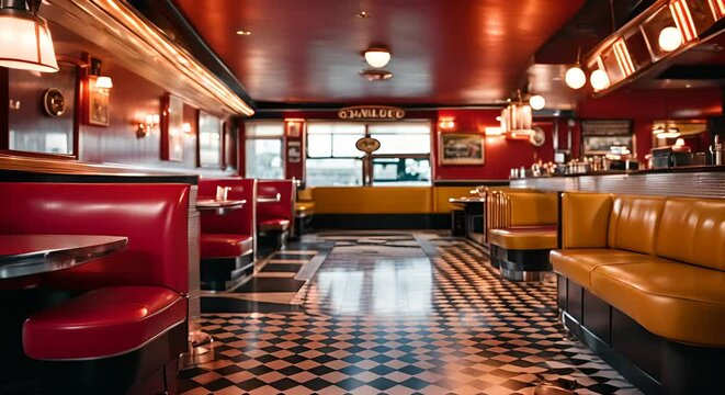 Interior of a typical American cafe with retro decoration.