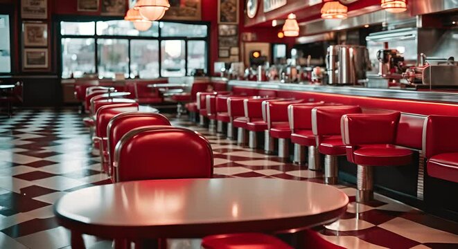 Interior of a typical American cafe with retro decoration.