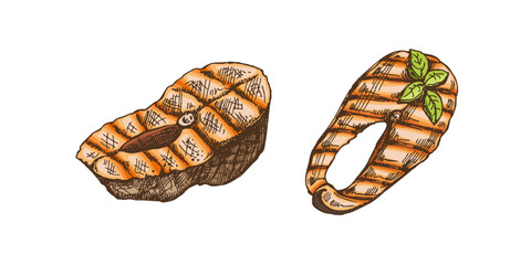 Hand-drawn colored vector sketch of pieces of barbecue salmon steaks. Doodle vintage illustration. Decorations for the menu. Engraved image.