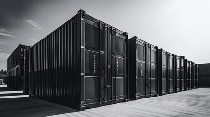 Black and white image of large industrial shipping containers in a storage facility, emphasizing the modern geometric lines and structure.