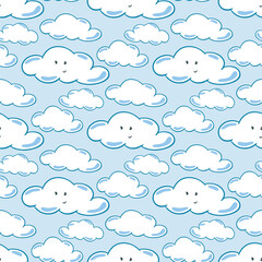 Cute clouds characters seamless pattern. Baby background delicate pastel blue sky. Print for kid textile, paper, fabric, packaging, wallpaper, vector graphics