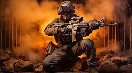 An army soldier sitting full active uniform holding modern riffle helmet in action battlefield war operation conflict or shooting game concept fire smoke background 