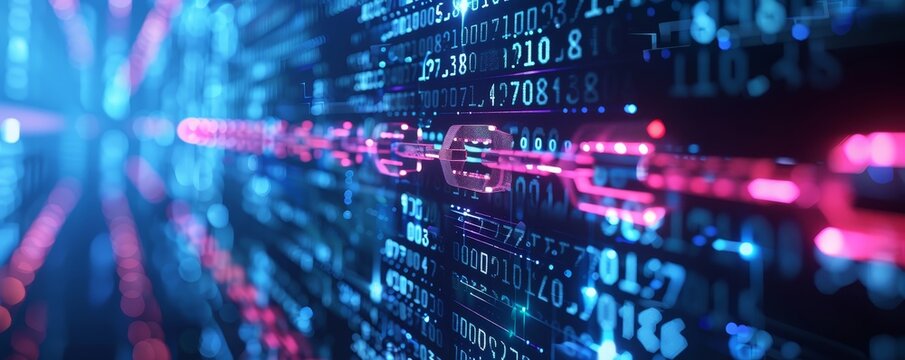 Close-up of blockchain technology with glowing blue and pink digital data blocks, representing data security and cryptocurrency.