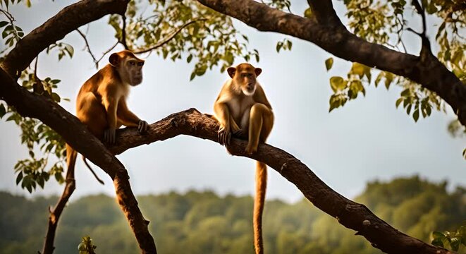 Monkeys perched on a tree bench.