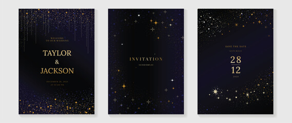 Elegant invitation card design vector. Luxury wedding card with firework, glitter spot texture on dark blue background. Design illustration for cover, poster, wallpaper, gala, VIP, happy new year.