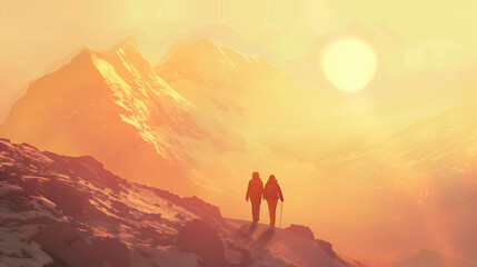 Couple of people standing on top of a mountain with sunset scenery love adventure beauty background
