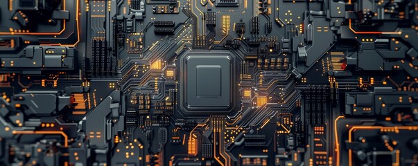 Fototapeta premium Detailed image of a computer motherboard with intricate circuitry and microchips, highlighting technology and electronics in high resolution.